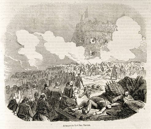 GUERRE DU MEXIQUE Attaque du fort San Xavier lors de la Prise de Puebla (mai 1863). Illustration tiree de l ouvrage de La Bedolliere Histoire de la guerre du Mexique , publie en 1865. (19e, 19eme, XIXe s.) Credit : JEAN VIGNE KHARBINE-TAPABOR.