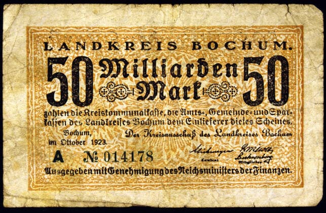 INFLATION Billet de banque allemand de 1923 de 50 milliards de marks. Credit : Jean Vigne KHARBINE-TAPABOR.