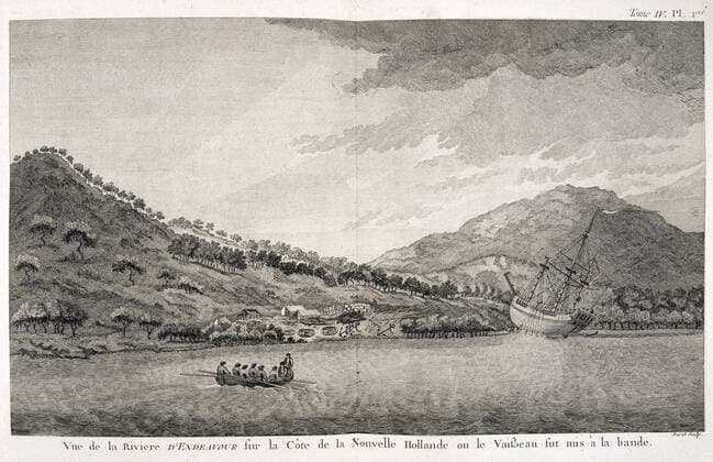 COOK Oeuvre Le vaisseau de Cook echoue a l estuaire de la riviere Endeavour. Illustration tiree des Cartes et figures des voyages du Capitaine COOK (1728-1779), edition de 1774 (18e, 18eme, XVIIIe s.) Credit : JEAN VIGNE KHARBINE-TAPABOR.