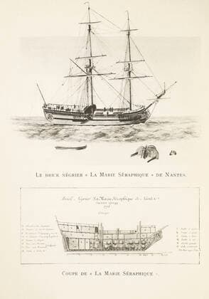 ESCLAVAGE Le Brick negrier La Marie Seraphique de Nantes : vue generale et coupe. Gravure vers 1775. (18e, 18eme, XVIIIe s.) Credit : Migny KHARBINE-TAPABOR.