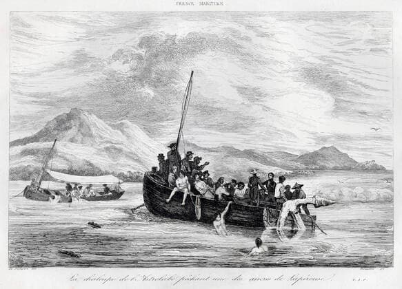 LAPEROUSE La chaloupe de L Astrolabe de DUMONT d URVILLE, pechant une des ancres de LAPEROUSE en novembre 1838. Illustration de 1852 par Louis-Auguste de SAINSON (1801-1887) pour La France maritime d Amedee GREHAN (1812-1889). Credit : Coll. Jonas KHARBINE-TAPABOR. *** LAPEROUSE The rowboat of L Astrolabe by DUMONT dURVILLE, fishing one of the anchors of LAPEROUSE in November 1838 1852 illustration by Louis Auguste de SAINSON 1801 1887 for La France maritime by Amedee GREHAN 1812 1889 Credit Coll Jonas KHARBINE TAPABOR  KH152565