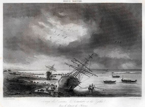DUMONT D URVILLE Echouage des corvettes L Astrolabe et La Zelee de l expedition de DUMONT d URVILLE (1790-1842) dans de detroit de Torres en juin 1840. Illustration de 1852 par Louis LE BRETON (1818-1866) pour La France maritime d Amedee GREHAN (1812-1889). Credit : Coll. Jonas KHARBINE-TAPABOR. *** DUMONT D URVILLE Grounding of the corvettes L Astrolabe and La Zelee from the expedition of DUMONT d URVILLE 1790 1842 in Torres Strait in June 1840 1852 illustration by Louis LE BRETON 1818 1866 for La France maritime d Amedee GREHAN 1812 1889 Credit Coll Jonas KHARBINE TAPABOR  KH152595