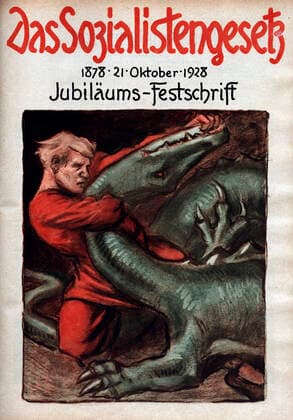 SOCIALISME ALlemand 1928 (Ouvrier rouge terrassant un dragon.). Illustration anonyme pour Das Sozialistengesetz du 21 octobre 1928. (Brochure pour la commemoration des lois antisociales-democrates de 1878). En mai 1928 le SPD remporte les elections legislatives avec presque 30% des voix. Il est interdit par les Sozialistengesetz en 1878, loi antisocialistes qui interdisent toute association sociale democrate, sous Bismarck. Credit : Coll. Dixmier KHARBINE-TAPABOR.