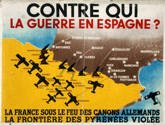GUERRE D ESPAGNE Contre qui la guerre d Espagne ? La France sous le feu des canons allemands, La frontiere des Pyrenee violee. Edition du Comite international de Coordination et d Information pour l Aide a l Espagne republicaine de 1938. Credit : Collection KHARBINE-TAPABOR. *** WAR OF SPAIN Against whom the Spanish War France under fire of German cannons, The border of the Pyrenees violated Edition of the International Coordination and Information Committee for Aid to Republican Spain of 1938 Credit Collection KHARBINE TAPABOR  KH15453