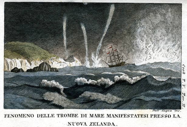 Voyages de COOK Trombe de mer se manifestent pres de la Nouvelle-Zelande. Illustration anonyme pour Navigazioni di Cook pel grande oceano e interno al globo. (Voyage du capitaine Cook) par James COOK (1728-1779) publie a Milan en 1816 (XVIIIeme s., 18eme s., 18e s.) Credit Collection Grob KHARBINE-TAPABOR
