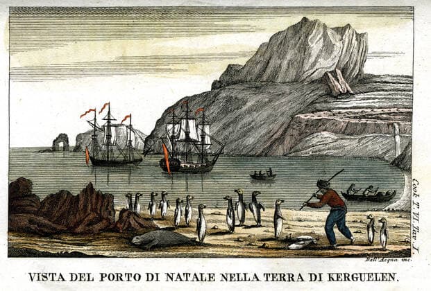 Voyages de COOK Vue du port de la Nativite dans l Ile Kerguelen. (Marin tuant des manchots). Illustration anonyme pour Navigazioni di Cook pel grande oceano e interno al globo. (Voyage du capitaine Cook) par James COOK (1728-1779) publie a Milan en 1816 (XVIIIeme s., 18eme s., 18e s.) Credit Collection Grob KHARBINE-TAPABOR *** COOK trips View of the port of Nativity on Kerguelen Marin Island killing penguins Anonymous illustration for Navigazioni di Cook pel grande oceano e interno al globo Captain Cooks trip by James COOK 1728 1779 published in Milan in 1816 18th century, 18th century, 18th century, 18th century s Credit Collection Grob KHARBINE TAPABOR  KH155304