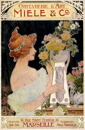 PUB ORFEVRERIE annees 1900 Femme mettant un bouquet de fleurs dans un vase. Carte publicitaire de 1904 pour l orfevrerie d art Miele & Co a Marseille. Illustration par PRIVAT-LIVEMONT (1861-1936). Credit : Collection IM KHARBINE-TAPABOR. *** PUB ORFEVRERIE années 1900 Femme mettant un bouquet de fleurs dans un vase Carte publicitaire de 1904 pour lorfevrerie d art Miele Co a Marseille Illustration par PRIVAT LIVEMONT 1861 1936 Credit Collection IM KHARBINE TAPABOR  KH156825