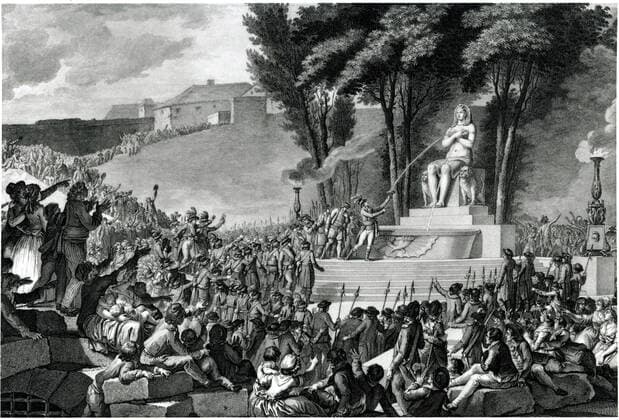 REVOLUTION FRANCAISE La Fontaine de la regeneration sur les ruines de la Bastille le 10 aout 1793. Illustration anonyme. Credit : Collection CL KHARBINE-TAPABOR.