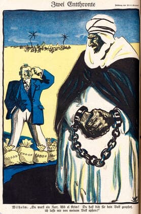 MAROC GUILLAUME II et ABD EL KRIM enchaine. Caricature de Willi STEINERT pour Lachen Links du 11 juin 1926. Credit : Coll. Dixmier KHARBINE-TAPABOR.