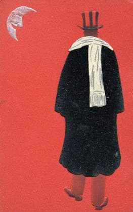 HOMME de DOS annees 10 Un homme de dos en manteau et echarpe, un croissant de lune souriant. carte postale vers 1910. Credit : Collection IM KHARBINE-TAPABOR.