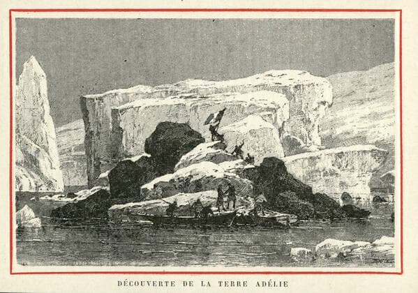 POLE SUD XIXeme s. Decouverte de la Terre Adelie par DUMONT-d URVILLE en 1835. Illustration anonyme pour une carte vers 1880. Credit : Collection IM KHARBINE-TAPABOR. *** SOUTH POLE XIXth century Discovery of the Adelie Earth by DUMONT d URVILLE in 1835 Anonymous illustration for a card around 1880 Credit Collection IM KHARBINE TAPABOR  KH174464