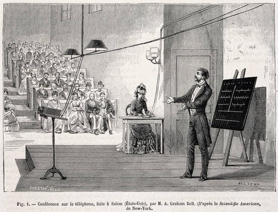Telephone Conference sur le telephone faite a Salem (USA) par Graham BELL (1847-1922) . Gravure tiree de La Nature du 21 04 1877. Credit : Collection KHARBINE-TAPABOR. *** Telephone Conference on the telephone made in Salem USA by Graham BELL 1847 1922 Engraving from La Nature of 21 04 1877 Credit Collection KHARBINE TAPABOR  KH22187