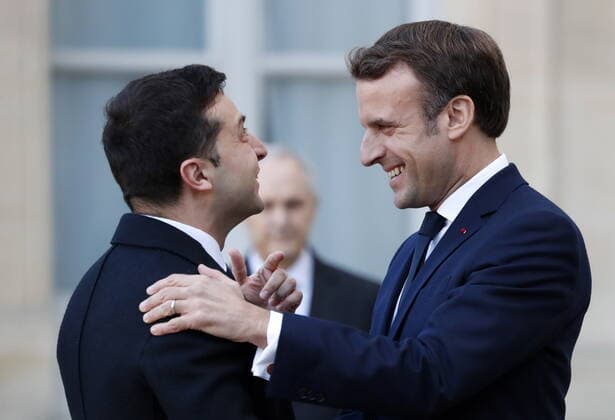 PARIS, FRANCE â€“ DECEMBER 9, 2019: Ukraine s President Volodymyr Zelenskyy (Vladimir Zelensky, L), and France s President Emmanuel Macron greet each other at the Elysees Palace before a Normandy Four summit; talks in the so-called Normany Four format involve representatives of Ukraine, Germany, France and Russia who discuss settlement of the conflict in eastern Ukraine. Grigory Dukor TASS  TS0C6AC7