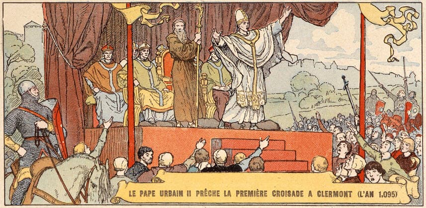 Croisade Le pape URBAIN II preche la 1ere croisade a Clermont (l an 1095). Illustration tiree d un livre d Histoire de France des annees 1920. Credit : Collection KHARBINE-TAPABOR.