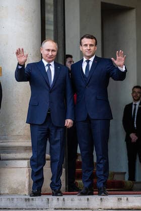 French President Emmanuel MACRON welcomes the President of the Russian Federation, Vladimir PUTIN, at the Elysee Palace, on December 9, 2019 in Paris, France. A summit in Normandy format to open a new sequence of implementation of the Minsk agreements.  Copyright: xAurelienxMorissardx