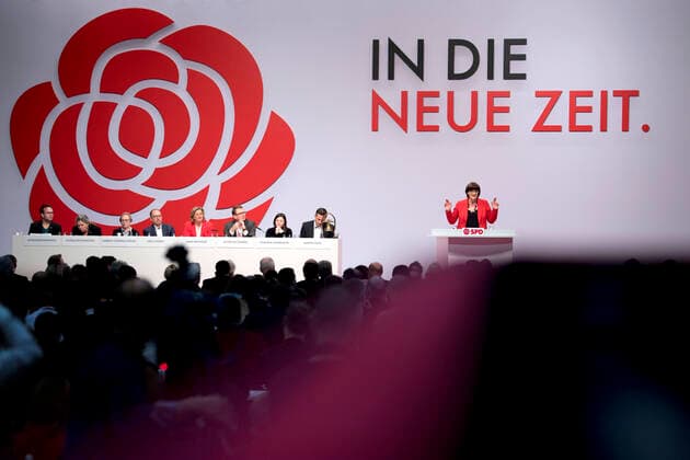 Saskia Esken, SPD Party Congress DEU, Deutschland, Germany, Berlin, 06.12.2019 Rede von Saskia Esken als Parteivorsitzende der SPD auf dem Parteitag der SPD unter dem Motto In Die Neue Zeit in Berlin. Saskia Esken, new co-leaders of the German Social Democrats SPD, at the SPD federal party congress on December 6, 2019 in Berlin, Germany. SPD members nationwide voted for the pair and delegates are expected to confirm their election today. Their election has raised concerns that, because the two pushed a markedly left-wing platform, the SPD might break from its governing coalition