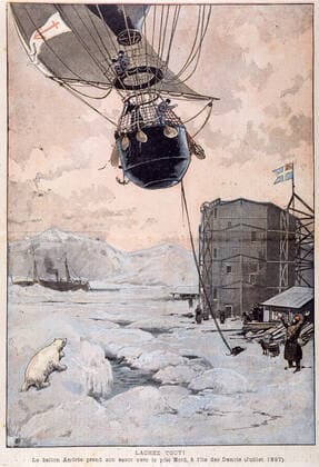Expedition polaire Le ballon ANDREE (1854-1897) prend son essor vers le Pole Nord, a l ile des danois . Illustration tiree du Pelerin du 18 juillet 1897. Credit : Collection Jonas KHARBINE-TAPABOR.