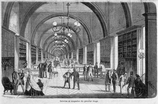 Grands magasins Galeries et magasins du premier etage. Les Magasins Reunis, a Paris. Gravure in Le Monde Illustre 15 11 1862. Credit Collection Kharbine Tapabor *** Department stores Galleries and first floor stores Les Magasins Reunis, in Paris Engraving in Le Monde Illustre 15 11 1862 Credit Collection Kharbine Tapabor  KH33025