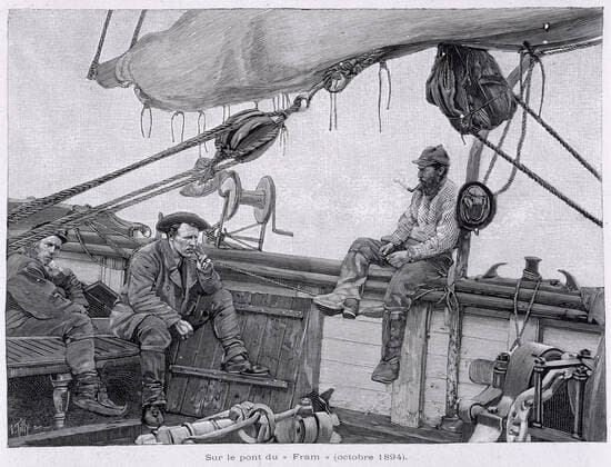 NANSEN Sur le pont du Fram (octobre 1894) . Gravure tiree de L Illustration en 1897. Credit : Collection KHARBINE-TAPABOR. *** NANSEN On the Fram bridge October 1894 Engraving from L Illustration in 1897 Credit Collection KHARBINE TAPABOR  KH33434