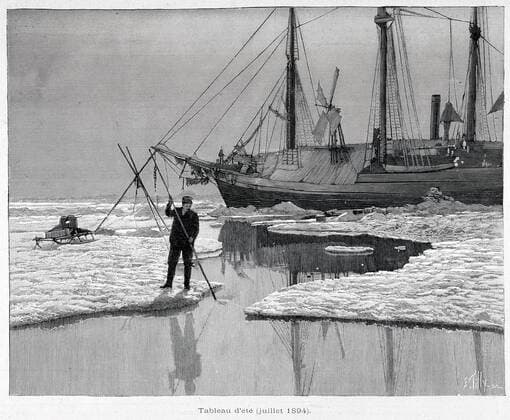 Pole Nord Tableau d ete : le Fram apres la premiere fonte des glaces. Voyage de NANSEN (1861-1930) au Pole Nord. Gravure tiree de L Illustration en 1897. Credit : Collection KHARBINE-TAPABOR. *** North Pole Summer painting on the Fram after the first melting of the ice NANSEN 1861 1930 travel to the North Pole Engraving from L Illustration in 1897 Credit Collection KHARBINE TAPABOR  KH33987