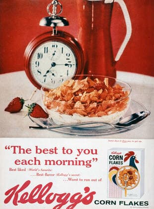 Pub annees 50 Le meilleur pour vous chaque matin . Publicite americaine pour les Kellogg s corn flakes publiee dans Life en 1959. Credit : Collection Jonas KHARBINE-TAPABOR. *** 50s Pub The best for you every morning American advertisement for Kelloggs corn flakes published in Life in 1959 Credit Collection Jonas KHARBINE TAPABOR  KH34286
