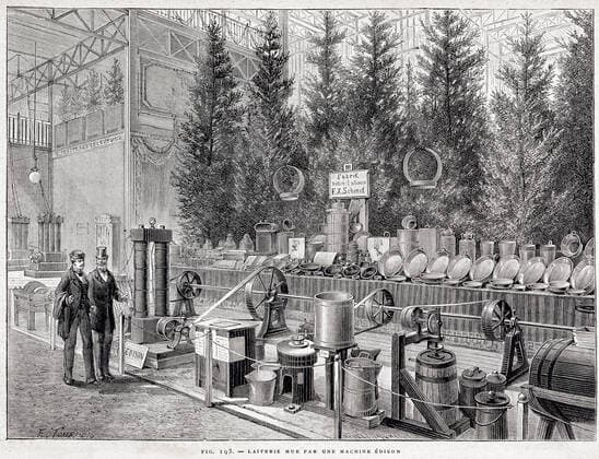 Electricite Laiterie mue par une machine EDISON (1847-1931) lors de l exposition internationale d electricite de Munich en 1883. Gravure par E. TOURNOIS tiree du Journal universel d electricite publie sous la direction de Th. du MONCEL. Credit : Collection KHARBINE-TAPABOR. *** Electricity Dairy driven by an EDISON machine 1847 1931 at the international electricity exhibition in Munich in 1883 Engraving by E TOURNOIS from the Universal Electricity Journal published under the direction of Th of the MONCEL Credit Collection KHARBINE TAPABOR  KH34473