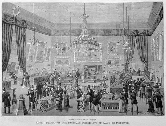 ELECTRICITE L exposition de Thomas EDISON (1847-1931), Paris, L exposition internationale d Electricite au Palais de l Industrie Gravure in l Illustration du 1er octobre 1881. Credit: Collection KHARBINE-TAPABOR *** ELECTRICITY Thomas EDISONs exhibition 1847 1931, Paris, The International Electricity Exhibition at the Palais de l Industrie Gravure in l Illustration of October 1, 1881 Credit Collection KHARBINE TAPABOR  KH38604