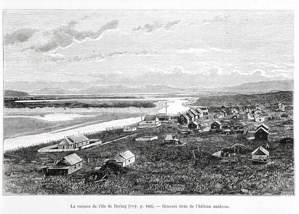 Ile de Bering La colonie de l Ile de Bering gravure in Le tour du monde : Voyage de la Vega autour de l Asie et de l Europe par A. E. NORDENSKIOLD, vers 1870-1883. Credit : Collection KHARBINE-TAPABOR. *** Ile de Bering La colonie de lIle de Bering engraving in Le tour du monde Voyage de la Vega autour de lAsie et de lEurope by A E NORDENSKIOLD, vers 1870 1883 Credit Collection KHARBINE TAPABOR  KH46988