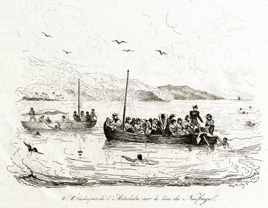 LA PEROUSE Chaloupe de L Astrolabe de DUMONT d URVILLE (1790-1842) sur les lieux du naufrage des navires de l expedition de LA PEROUSE (1741-1788). Gravure par Louis Auguste de SAINSON (1801-1887) pour Voyage pittoresque autour du monde par DUMONT d URVILLE (1790-1842). Credit : Coll. Jonas KHARBINE-TAPABOR. *** THE PEROUSE Boat of L Astrolabe of DUMONT d URVILLE 1790 1842 on the site of the shipwreck of the ships of the expedition of LA PEROUSE 1741 1788 Engraving by Louis Auguste de SAINSON 1801 1887 for picturesque journey around the world by DUMONT d URVILLE 1790 1842 Credit Coll Jonas KHARBINE TAPABOR  KH81542