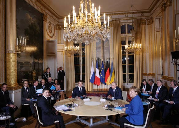(191210) -- PARIS, Dec. 10, 2019 -- Ukrainian President Volodymyr Zelensky, French President Emmanuel Macron, Russian President Vladimir Putin and German Chancellor Angela Merkel (L to R) attend Normandy four summit in Paris, France, Dec. 9, 2019. Ukraine and Russia agreed on a full and comprehensive implementation of the ceasefire in eastern Ukraine before the end of 2019, leaders of Russia, Ukraine, France and Germany announced in Paris on Monday evening following their talks called Normandy four summit . ) FRANCE-PARIS-NORMANDY FOUR SUMMIT GaoxJing 
