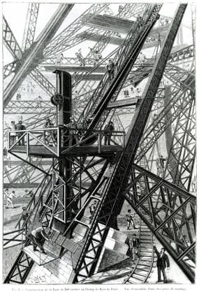 TOUR EIFFEL Construction de la tour de 300 metres au Champs de Mars. Vue d ensemble d une grue de montage. Un poste de riveur. Illustration de Louis POYET (1846-1913) pour la Nature de 1887. Credit : Collection KHARBINE-TAPABOR. *** EIFFEL TOWER Construction of the 300-metre tower at Champs de Mars Overview of an assembly crane A riveting station Illustration by Louis POYET 1846 1913 for the 1887 Nature Credit Collection KHARBINE TAPABOR  KH87741