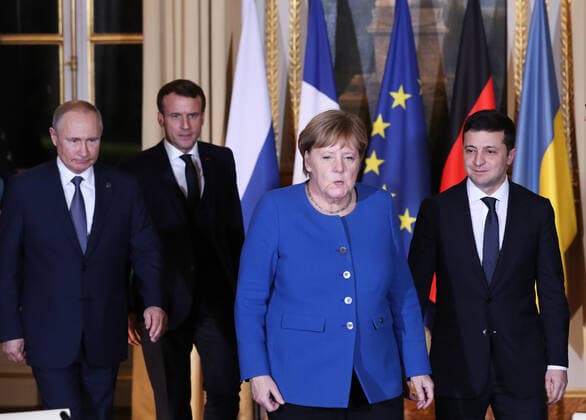 (191210) -- PARIS, Dec. 10, 2019 -- Russian President Vladimir Putin, French President Emmanuel Macron, German Chancellor Angela Merkel, and Ukrainian President Volodymyr Zelensky (L to R) attend Normandy Four Summit in Paris, France, Dec. 9, 2019. Ukraine and Russia agreed on a full and comprehensive implementation of the ceasefire in eastern Ukraine before the end of 2019, leaders of Russia, Ukraine, France and Germany announced in Paris on Monday evening following their talks called Normandy Four Summit. ) FRANCE-PARIS-NORMANDY FOUR SUMMIT GaoxJing 