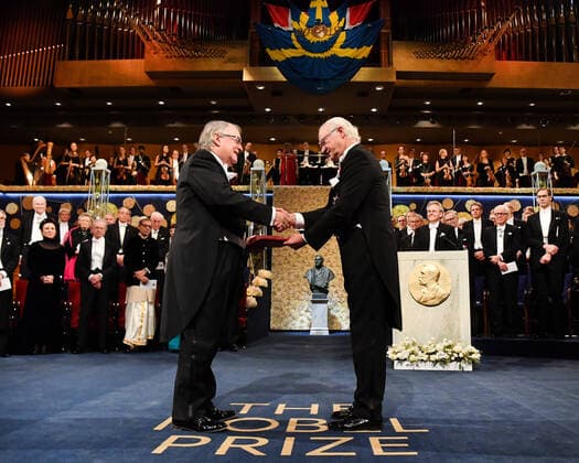 Chemistry laureate M Stanley Whittingham, left, receives the prize from King Carl Gustaf of Sweden, during the Nobel Prize award ceremony, at the Stockholm Concert Hall, in Stockholm, Monday, Dec 10, 2019 STOCKHOLM SWEDEN x10030x,  Copyright: xJonasxEkstromer TTx SWEDEN NOBEL