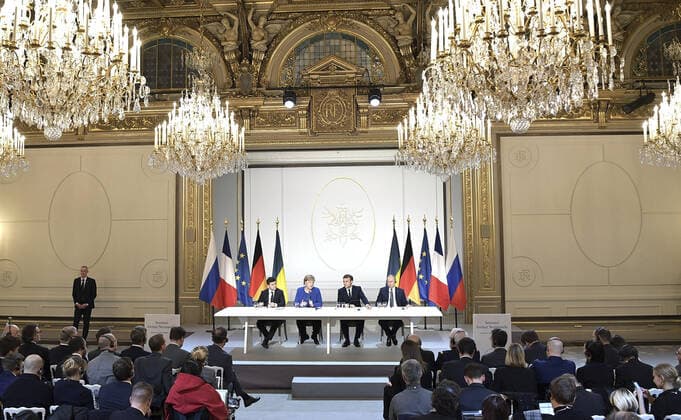 December 10, 2019, Paris, France: The leaders of Ukrainian, France, Russia and Germany together during a joint press conference following the conclusion of the Normandy Format Summit meeting at the Elysee Palace December 10, 2019 in Paris, France. From left to right are: Ukraine President Vladimir Zelensky, German Chancellor Angela Merkel, French President Emmanuel Macron and Russian President Vladimir Putin. Paris France - ZUMAp138 20191210_zaa_p138_001 Copyright: xAlexeixNikolsky KremlinxPoolx