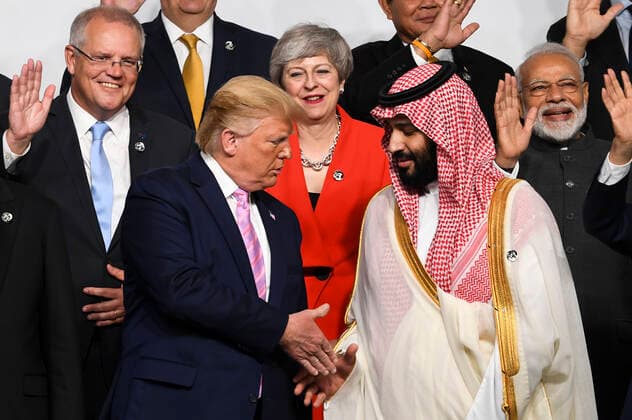 AAP BEST OF 2019 G20 JAPAN SUMMIT, *This picture has been selected as one of the Best of the Year News images for 2019* President of the United States of America Donald Trump shakes hands with Crown Prince of Saudi Arabia Mohammad bin Salman during the Leaders family photograph at the G20 summit in Osaka, Japan, Friday, June 28, 2019. The leaders of the world s largest economies arrived in Osaka on Thursday for the fourteenth meeting of Group of Twenty (G20). ( NO ARCHIVING, EDITORIAL USE ONLY, NO USE IN BOOKS WITHOUT CONSENT OSAKA JAPAN  Copyright: xLUKASxCOCHx 20191211001437323010