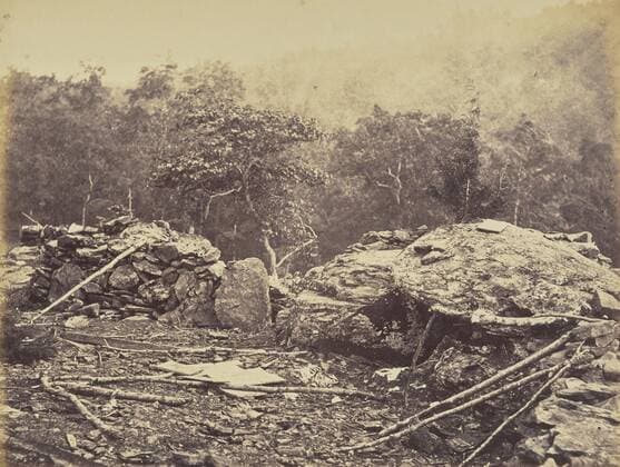 Interior of Breastworks on Round Top, Gettysburg, Timothy H. O Sullivan (American, about 1840 - 1882), Alexander Gardner (American, born Scotland, 1821 - 1882), Washington, District of Columbia, United States, July 1863, Albumen silver print, 17.8 x 22.9 cm (7 x 9 in.)  Copyright Artokoloro LCD3_191706_23371