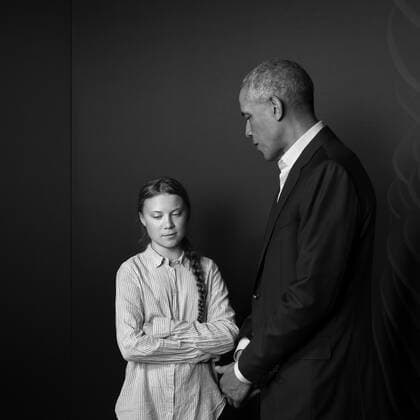 In a very hectic portrait session with President Barack Obama and others the President takes a break to talk to Miss Greta Thunberg. The photographer Max Moden steps out of set in between shoots, sees the moment and takes this photo. Later Miss Greta Thunberg post the picture on her Instagram account writing Yes we can?. President Obama replies on his Twitter account Yes we can, Greta. I m hopeful because of you and all the young people who are fighting to protect the planet. Keep at it.? Stockholm June 14, 2019 Photo Max Moden TT code 11508 ** Mandatory byline Minimum Price 150 Euro Editorial use only *** STOCKHOLM SWEDEN x11508x *** In a very hectic portrait session with President Barack Obama and others the President takes a break to talk to Miss Greta Thunberg The photographer Max Moden steps out of set in between shoot  Copyright: xMAXxMODEN TTx GRETA THUNBERG AND BARACK OBAMA