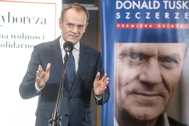 Donald Tusk at the launching of his book Szczerze - Frankly in Warsaw Donald Tusk at the launching of his book Szczerze - Frankly at Gazeta Wyborcza on December 14, 2019 in Warsaw, Poland. 