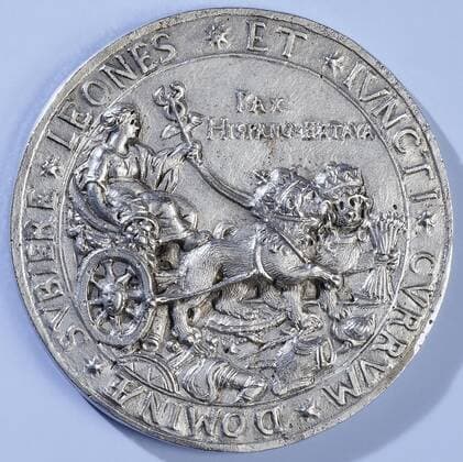 Peace of Munster, Lead Medal. Front: Peace with Mercury staff and horn of plenty on triumphal cart drawn by two crowned lions with inscription inside the inscription. Reverse: inscription., Münster, North Rhine-Westphalia, anonymous, 1648, striking (metalworking), d 6.3 cm x w 64.81 gr  Copyright Artokoloro LCK_190715_039727