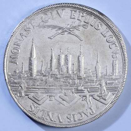 Peace of Munster, Silver Medal. Front: view of the Munster city under a crossed palm branch and an olive branch inside an inscription. Reverse: three pigeons with branches of peace in the beak above the crown and scepter on a cushion inside an inscription, Münster, North Rhine-Westphalia, Engelbert Kettler, 1648, silver (metal), striking (metalworking), d 4.1 cm x w 25.25 gr  Copyright Artokoloro LCK_190715_039742