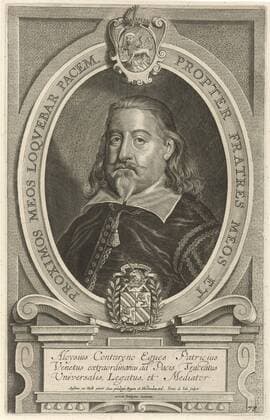 Portrait of Aloysius Contareno Hommes illustres (series title), Bust portrait of Aloysius Contareno, Venetian diplomat. Bottom right: 78. The portrait is encased in an oval frame with the coat of arms of the person portrayed and an inscription in Latin. In the frame a three-line caption in Latin. Print from a series of portraits of paintings by Anselmus van Hulle by all delegates during the peace negotiations in Münster and Osnabrück, Aloysius Contareno, Pieter de Jode (II) (mentioned on object), Antwerp, 1648, paper, engraving, h 309 mm x w 196 mm  Copyright Artokoloro LCK_190715_050297