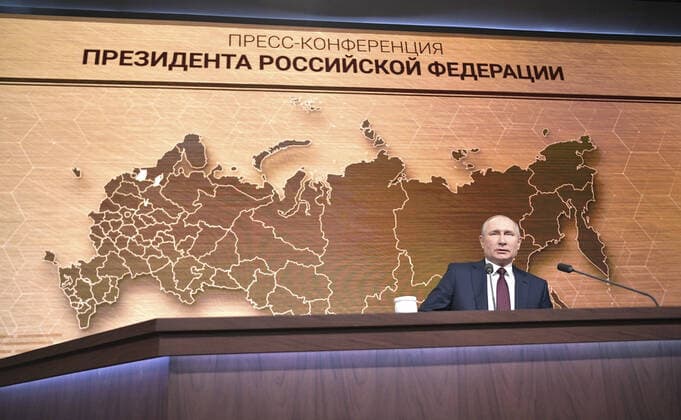 December 19, 2019, Moscow, Russia: Russian President Vladimir Putin during his annual year end news conference December 19, 2019 in Moscow, Russia. During the event Putin denounced the impeachment of Donald Trump, questioned the causes of climate change and hinted he may remain in power past 2024. Moscow Russia - ZUMAp138 20191219_zaa_p138_013 Copyright: xKremlinxPool KremlinxPoolx