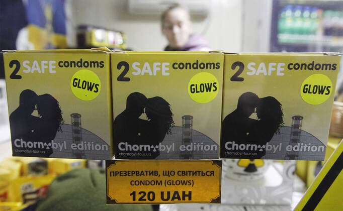 December 25, 2019, Pripyat, Kiev, Ukraine: Glows condoms are seen on sale in a souvenir store on checkpoint Dytyatky, at the entrance to the Chernobyl Exclusion Zone in Kiev region, Ukraine. The Chernobyl nuclear accident on April 26, 1986 is regarded as the largest of its kind in the history of nuclear energy. Pripyat Ukraine - ZUMAs197 20191225_zaa_s197_113 Copyright: xPavloxGoncharx
