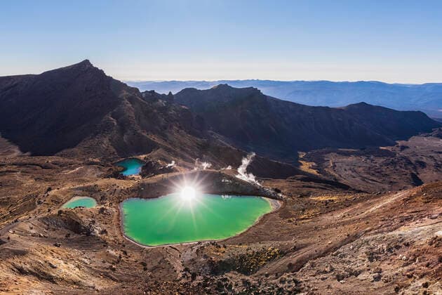 New Zealand, North Island, Sun reflecting in Emerald Lakes of North Island Volcanic Plateau  FOF11070
