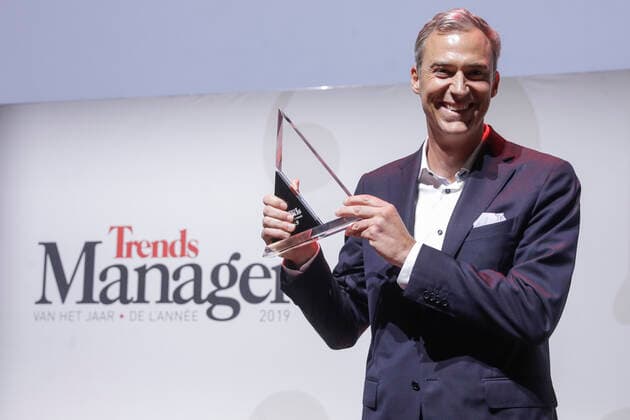 French-speaking winner Medi-Market CEO Yvan Verougstraete celebrates at the award ceremony for the Manager of the Year 2019, Tuesday 07 January 2020 in Brussels. Flemish business magazine Trends and french-speaking counterpart Trends-Tendance have a yearly tradition of electing a Flemish and a french-speaking manager of the year.  THIERRYxROGE 2451766