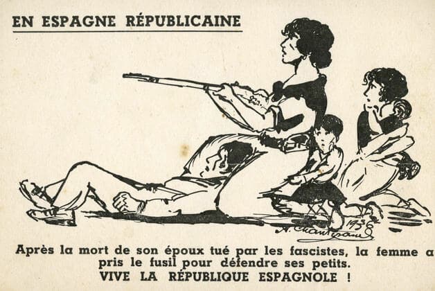 GUERRE D ESPAGNE En Espagne republicaine : apres la mort de son epoux tue par les fascistes, la femme a pris le fusil pour defendre ses petits. Vive la Republique espagnole . Illustration anonyme (illisible) pour une carte postale vers 1936. Republicains dans la guerre civile espagnole. Credit : Collection IM KHARBINE-TAPABOR. *** SPAIN WAR In republican Spain after the death of her husband killed by fascists, the woman took the gun to defend her children Long live the Spanish Republic Anonymous illustration illegible for a postcard around 1936 Republicans in the Spanish Civil War Credit Collection IM KHARBINE TAPABOR  KH178581