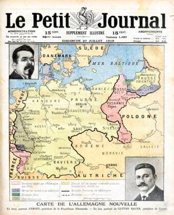 ALLEMAGNE annees 10 Carte de l Allemagne nouvelle , avec portraits d Erbert et de Gustav Bauer. Une du Petit Journal du 27 juillet 1919. Illustration anonyme. Credit : Collection KHARBINE-TAPABOR.