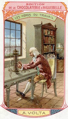 VOLTA (1745-1827) et sa pile VOLTAIQUE VOLTA (1745-1827) et sa pile VOLTAIQUE, 18eme siecle . Chromo fin 19eme. petites images enfantines souvent publicitaires. Credit COllection GROB KHARBINE TAPABOR *** VOLTA 1745 1827 and its battery VOLTA 1745 1827 and its battery VOLTAIQUE VOLTA 1745 1827 and its battery VOLTAIQUE, 18th century Chromo late 19th century small childish pictures often advertising Credit COllection GROB KHARBINE TAPABOR  KH184237