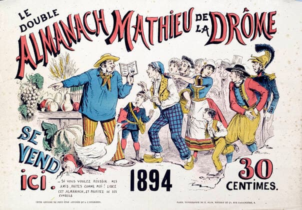 PUB ALMANACH XIXeme s. Le double almanach Mathieu de la Drome se vend ici Affiche publicitaire de 1894. Illustration par DRANER (1833-1926) representant un paysan vendant des legumes. Credit : Collection IM KHARBINE-TAPABOR. *** PUB ALMANACH XIXth c The double almanac Mathieu de la Drome is sold here Advertising poster of 1894 Illustration by DRANER 1833 1926 representing a peasant selling vegetables Credit Collection IM KHARBINE TAPABOR  KH185529