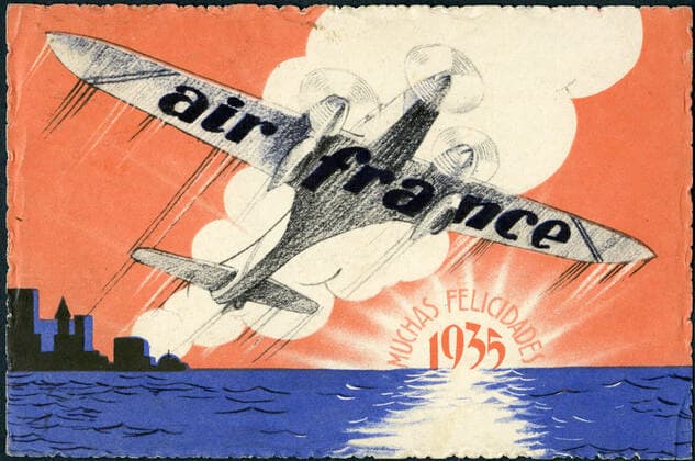 AIR FRANCE annees 30 Publicite Air France de 1935. Illustration anonyme pour une carte postale, representant un avion survolant la mer. Credit : Collection IM KHARBINE-TAPABOR. *** AIR FRANCE années 30 Air France Advertisement of 1935 Anonymous illustration for a postcard, depicting an aircraft flying over the sea Credit Collection IM KHARBINE TAPABOR  KH191627